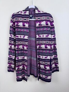 LANDS' END Purple White Open Front Cotton Cardigan Lodge-Tribal / Women's Medium